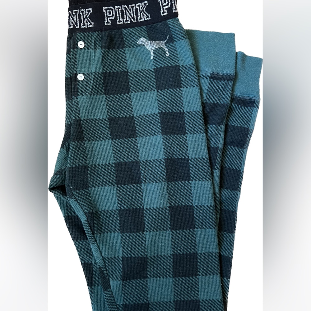 Victoria’s Secret PINK thermal leggings pajamas green buffalo plaid Size Small